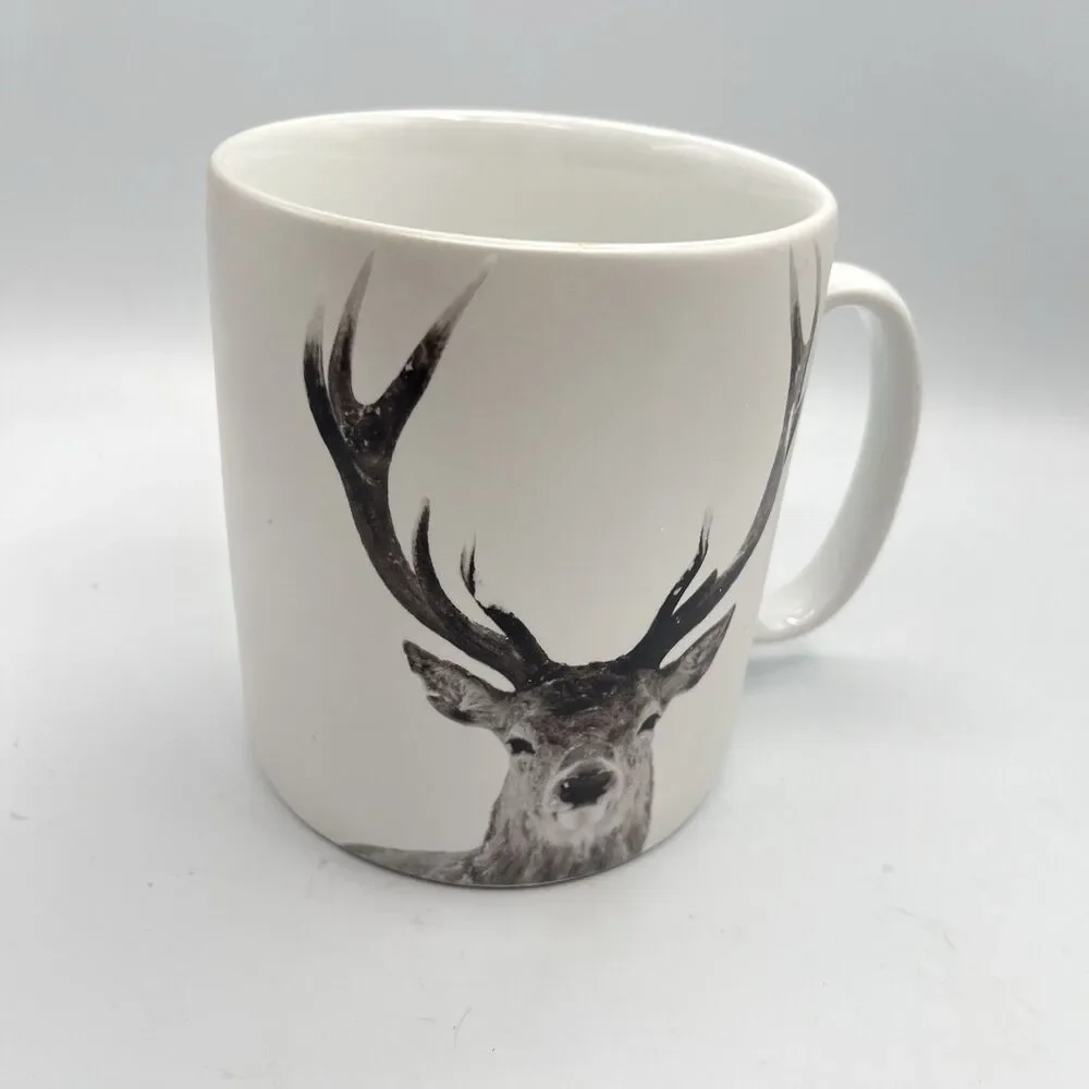 Pier 1 Snow Forest Winter Buck Deer Porcelain Coffee Mug Dishwash Microwave 5”